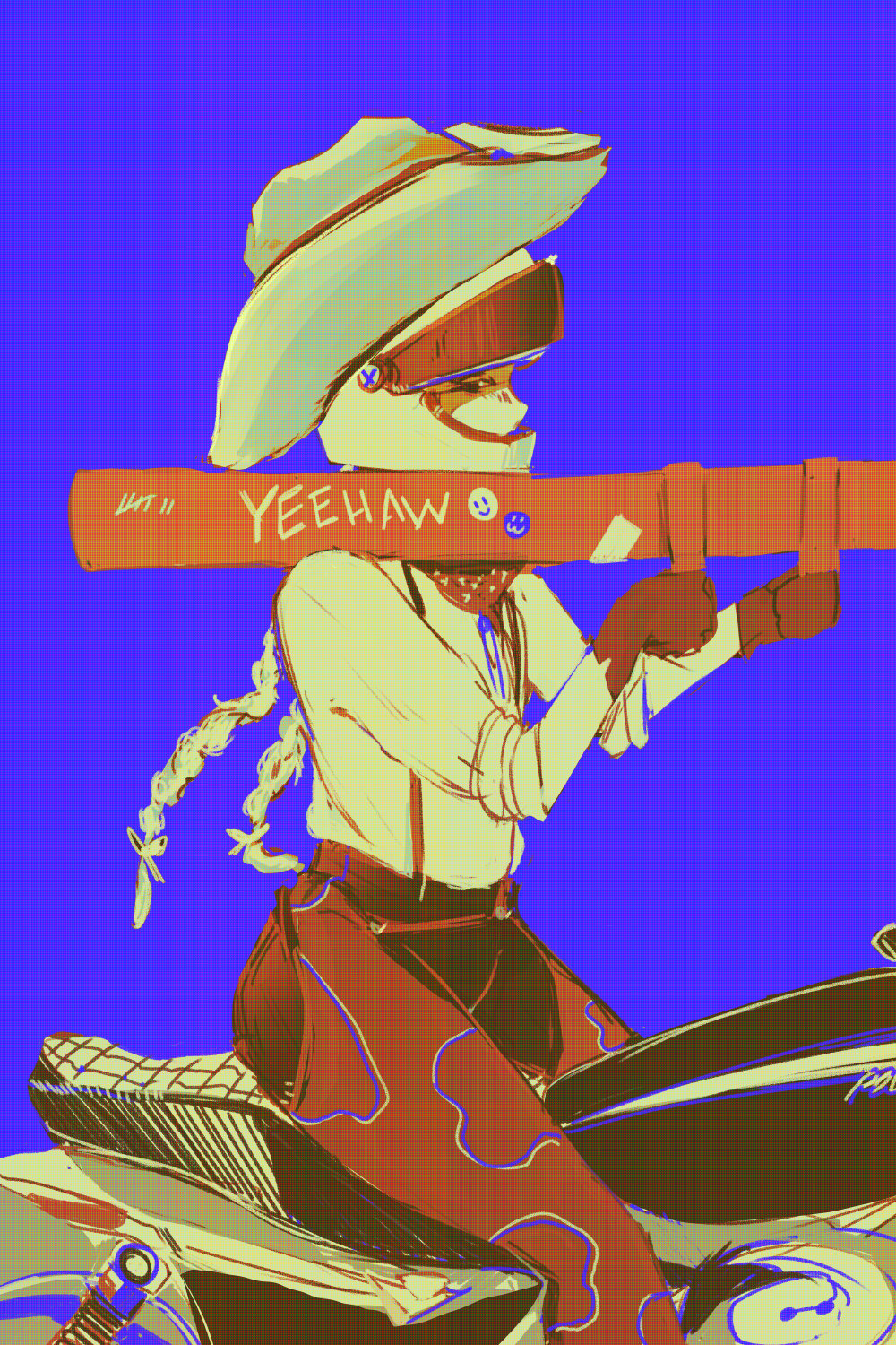 cowboy on a motorcycle, with a bazooka.